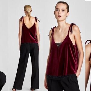 Zara basic burgundy velvet camisole tank top with black lace trim size xs
